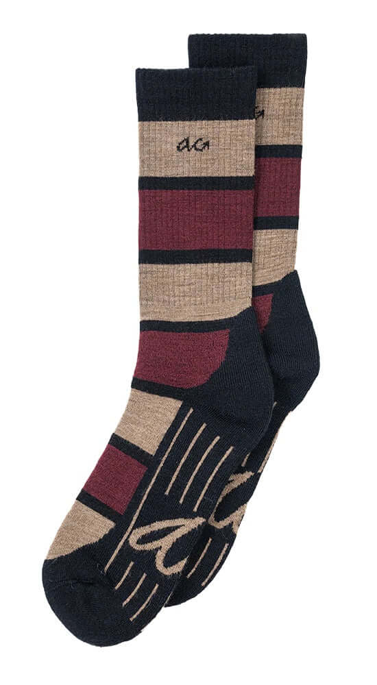 Alfredo Gonzales merinowol wandelsokken met brede blokken in Bordeaux en beige, ideaal voor comfortabel wandelen.