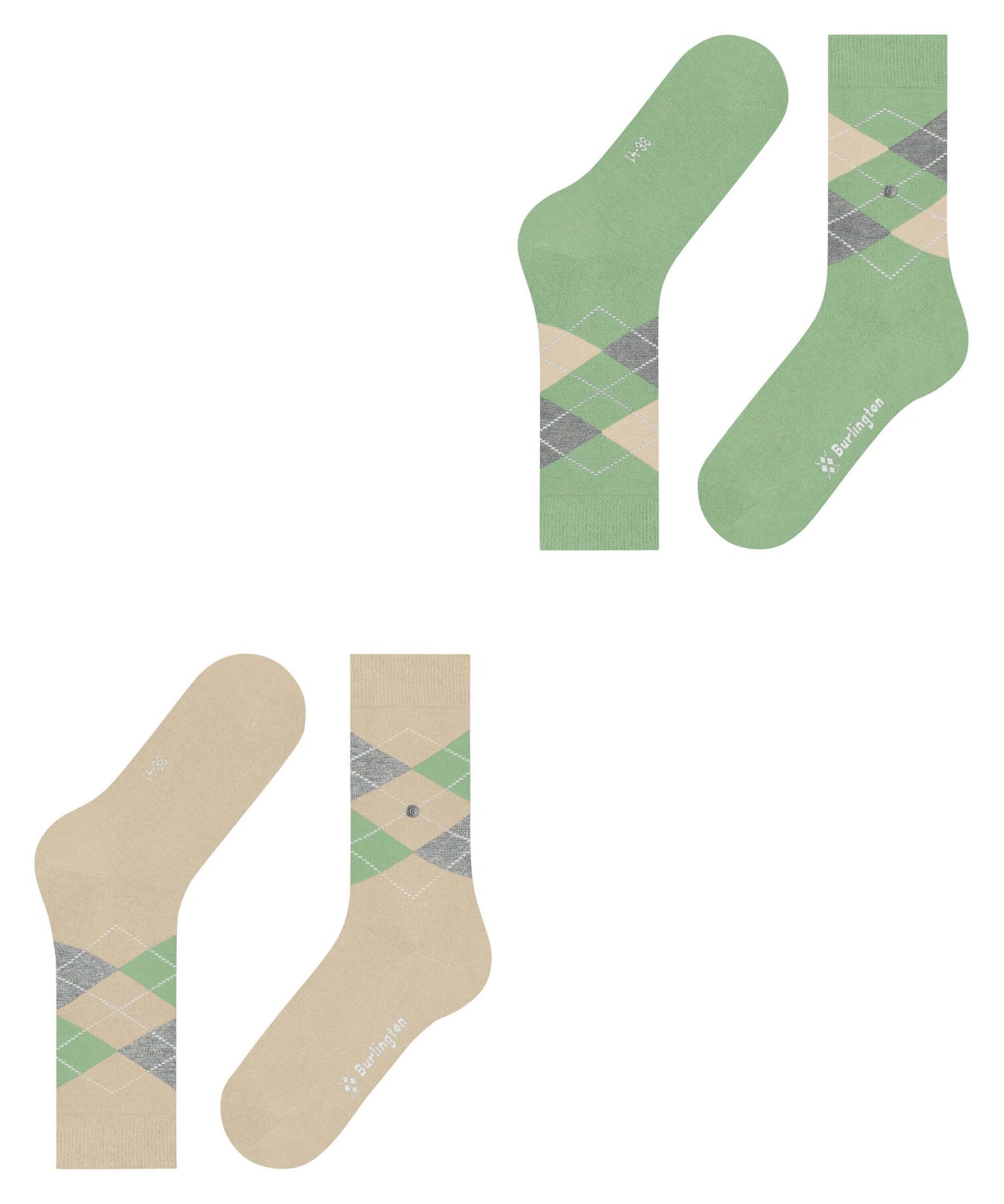 Burlington 2-pack Sok Everyday Argyle Dames 22012 4019 cream, geruite damessokken in groen en beige.