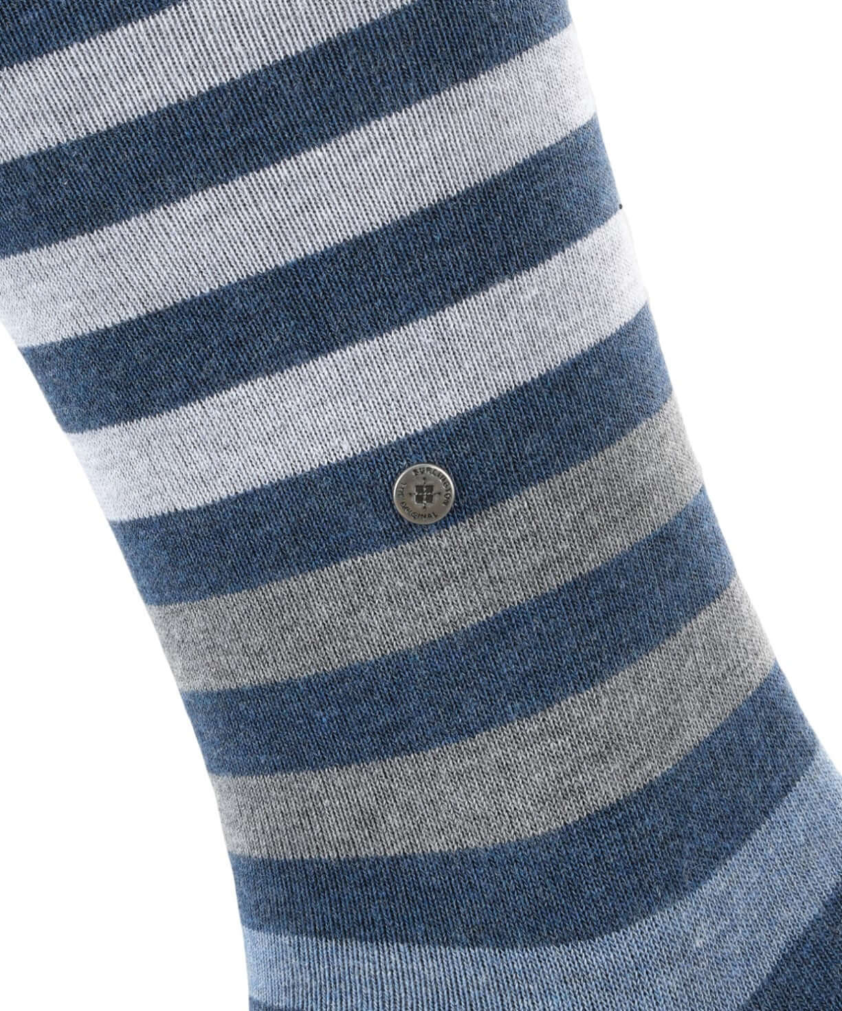 Gestreepte Burlington herensokken in donkerblauw, gemaakt van biologisch katoen, met Burlington-clip en letters, onesize.
