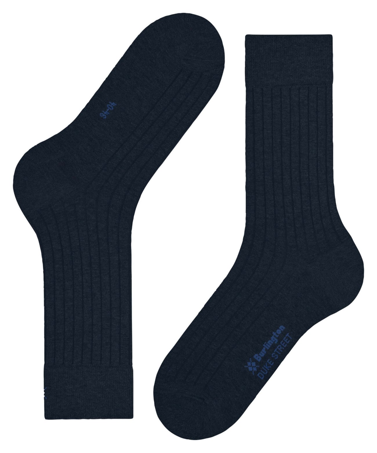 Burlington Duke Street Sokken Heren 21208 6120 marine met fijne ribstructuur en geborduurd logo op achterkant boord.
