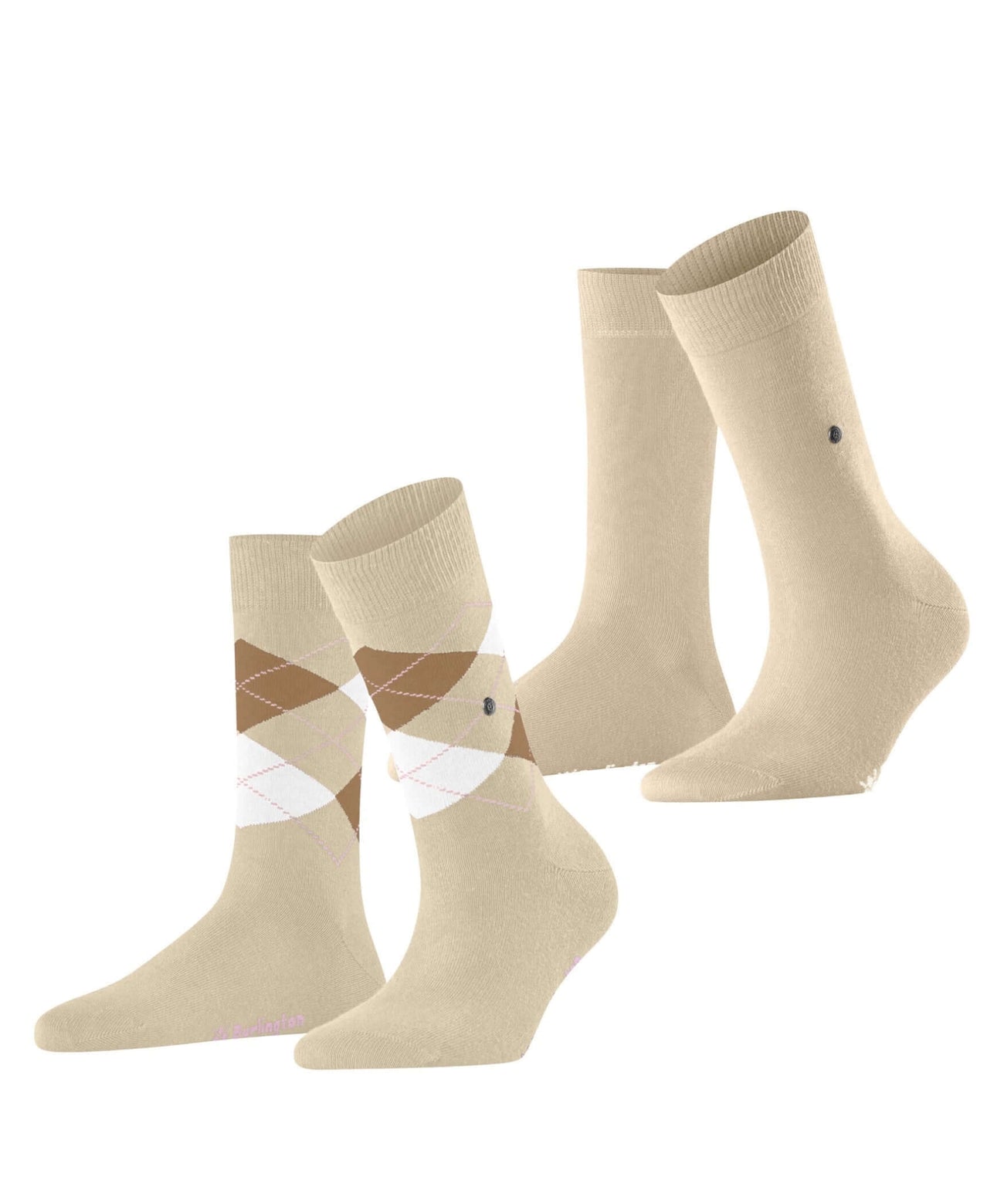Burlington Everyday Mixed 2-Pack Damessokken 22044 4011 cream met een paar effen en een paar geruite damessokken.