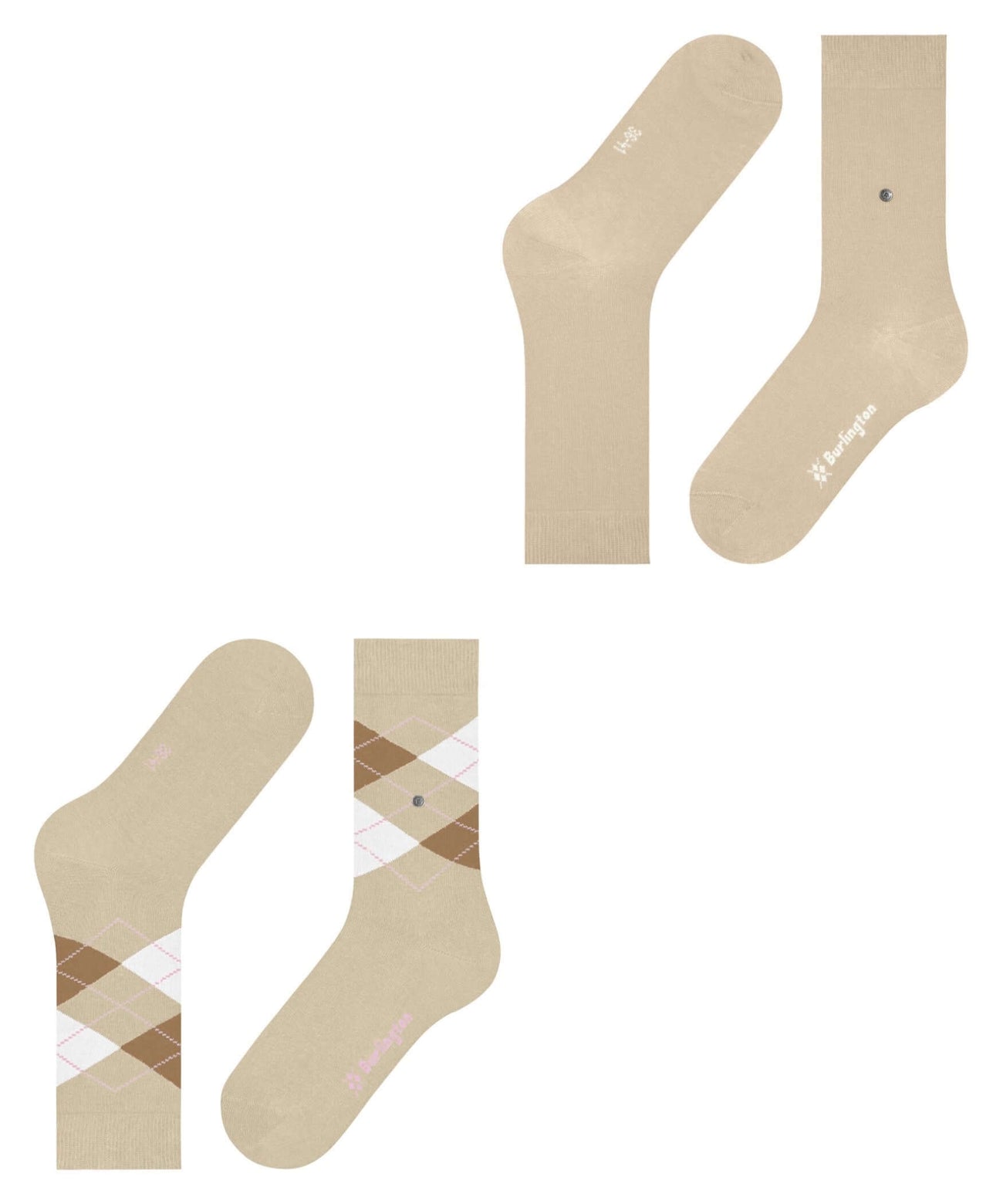 Burlington Everyday Mixed 2-Pack Damessokken 22044 4011 cream, effen en geruite damessokken in een zachte katoenmix.