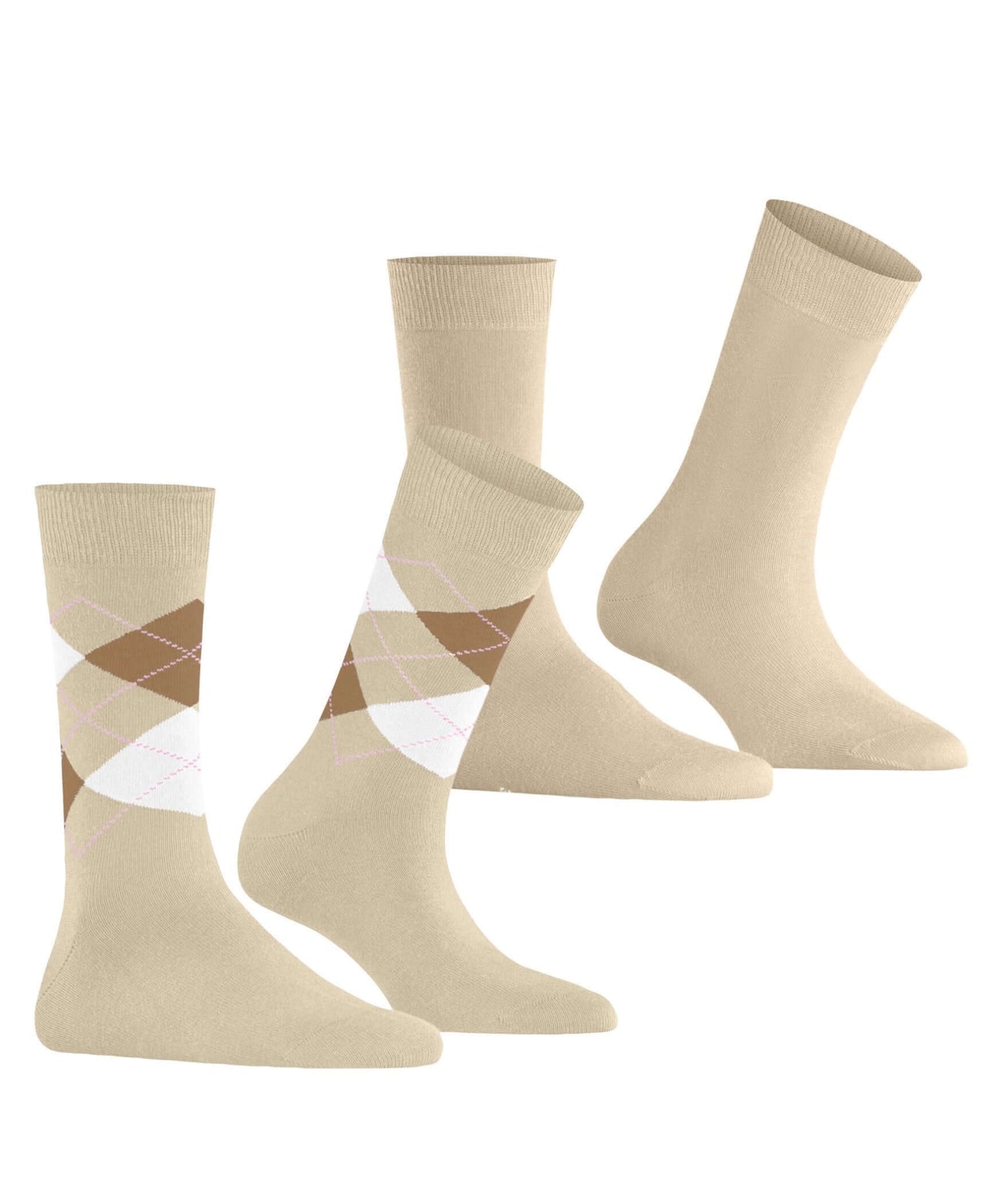 Burlington Everyday Mixed 2-Pack Damessokken 22044 4011 cream, effen en geruite damessokken in zachte katoenmix.