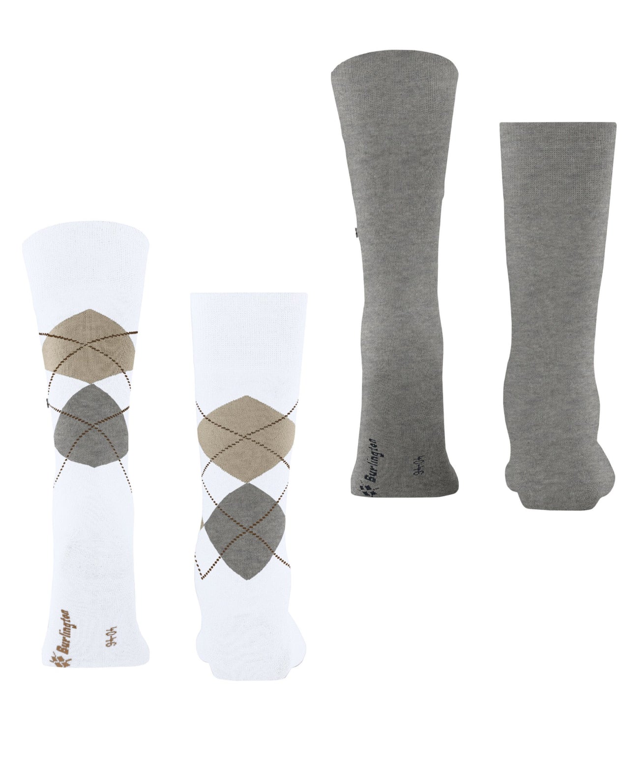 Burlington Everyday Mixed 2-Pack Herensokken 21044 2001 white met ruitjes en effen sokken in grijs en wit.