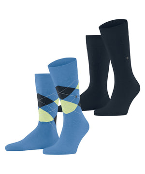 Burlington Everyday Mixed 2-Pack Herensokken 21044 6884 marina met ruitjes en effen ontwerpen in blauw en zwart.