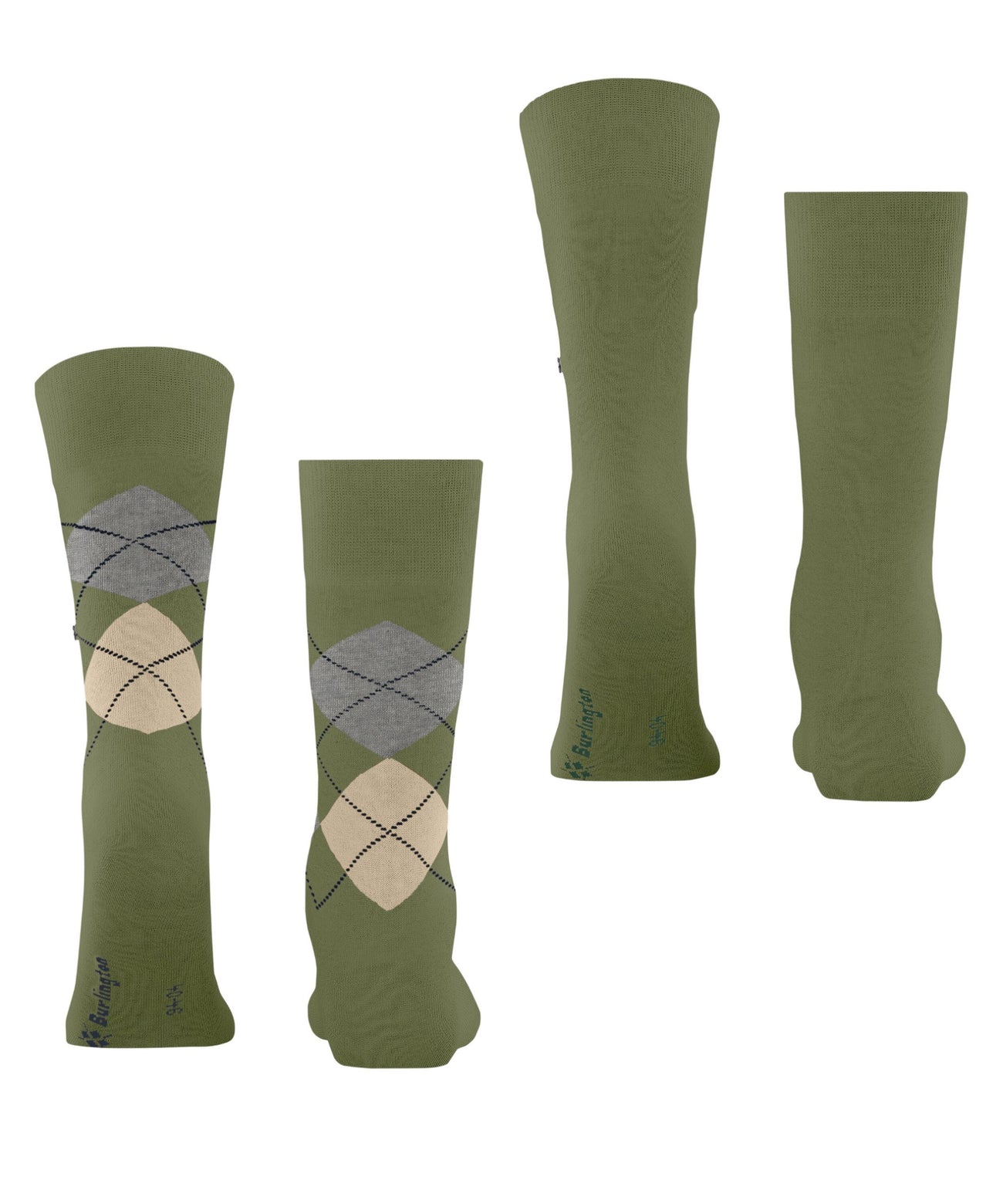 Burlington Everyday Mixed 2-Pack Herensokken 21044 7472 salvia, met ruitjes en effen ontwerp, in olijfgroen.