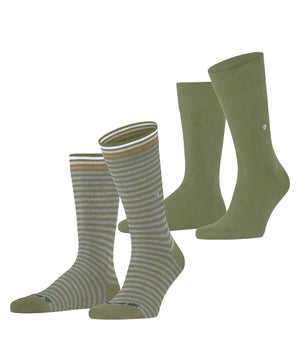 Burlington Everyday Stripe Sokken Heren 21087 7472 salvia, 2-pack met gestreepte en effen sokken in groene tint.