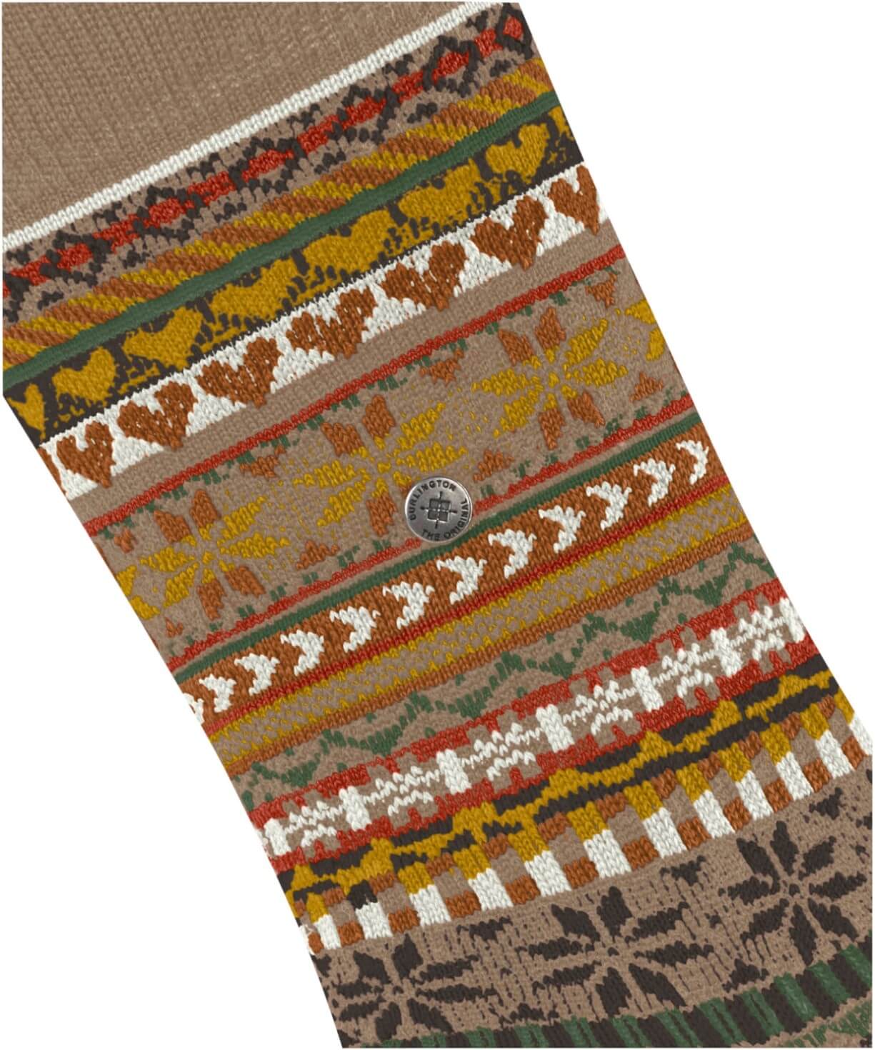 Burlington Fair Isle Delight Sokken Dames 27179 5038 camel met kleurrijk Noors motief en merinowol.