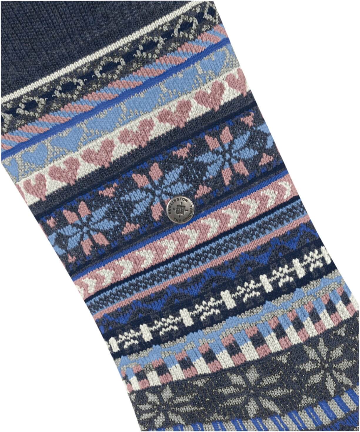 Burlington Fair Isle Delight Sokken Dames 27179 6688 dark blue mel met kleurrijk Noors motief en merinowol.