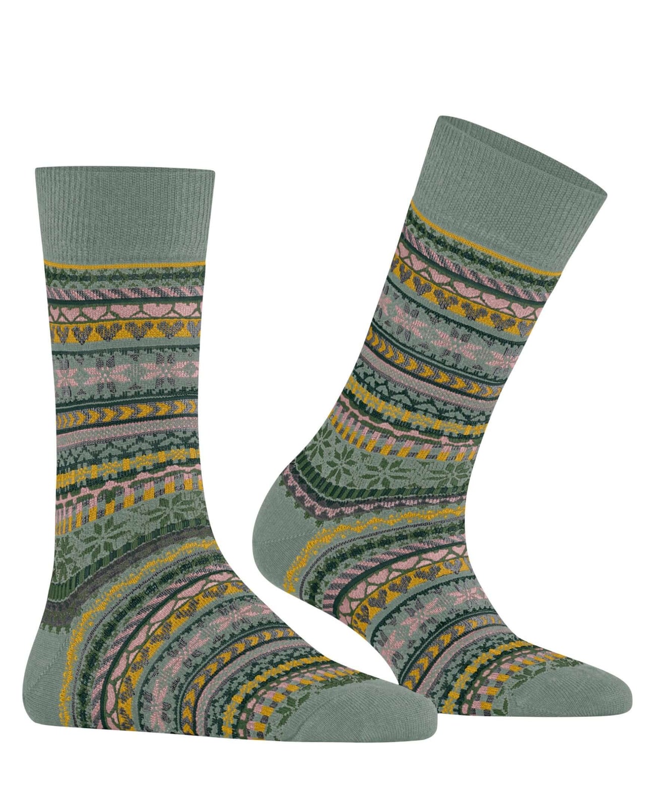 Burlington Fair Isle Delight Sokken Dames 27179 7068 sage met kleurrijk Noors motief en comfortabele pasvorm.