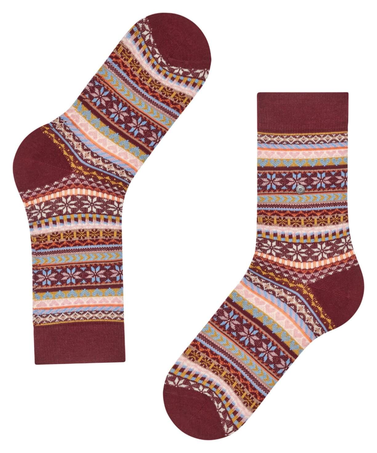 Burlington Fair Isle Delight Sokken Dames 27179 8435 claret met kleurrijk Noors motief en warme materiaalmix.