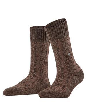 Burlington Kabel Tweed Boot Sokken Dames 27188 5880 autumn mel met kabelpatroon en tweed-look in bruin.