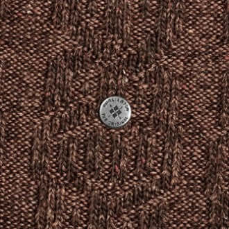 Burlington Kabel Tweed Boot Sokken Dames 27188 5880 autumn mel met kabelpatroon en logo op bruin tweed oppervlak.