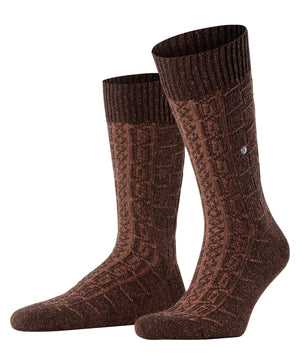 Burlington Kabel Tweed Boot Sokken Heren 24752 5880 autumn mel met klassiek kabelpatroon in bruin.