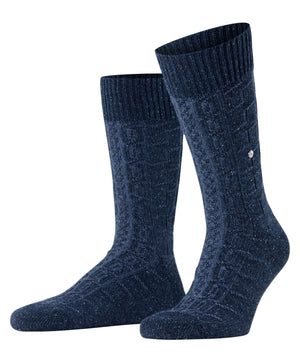 Burlington Kabel Tweed Boot Sokken Heren 24752 6127 navy mel met kabelpatroon en wolmix voor comfortabele warmte.