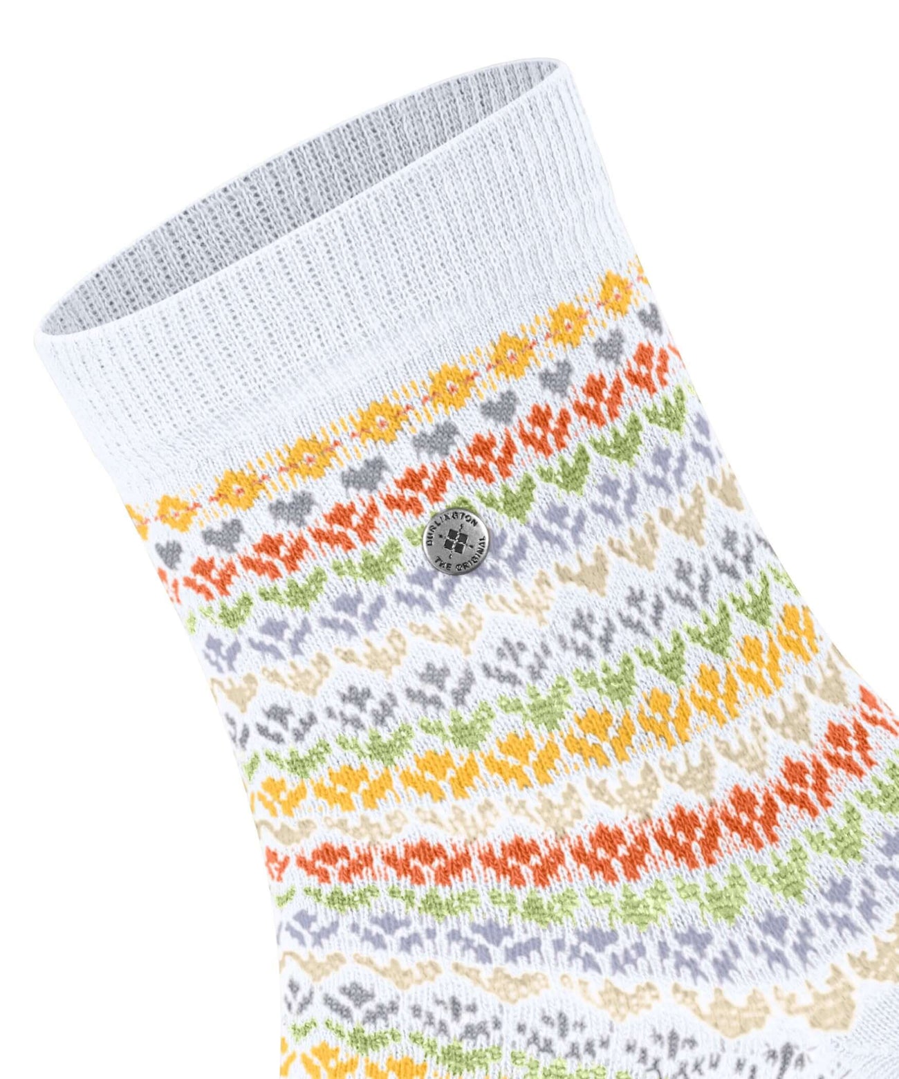 Witte Burlington damessok met kleurrijk Fair Isle patroon en merkclip, gemaakt van zacht katoen.