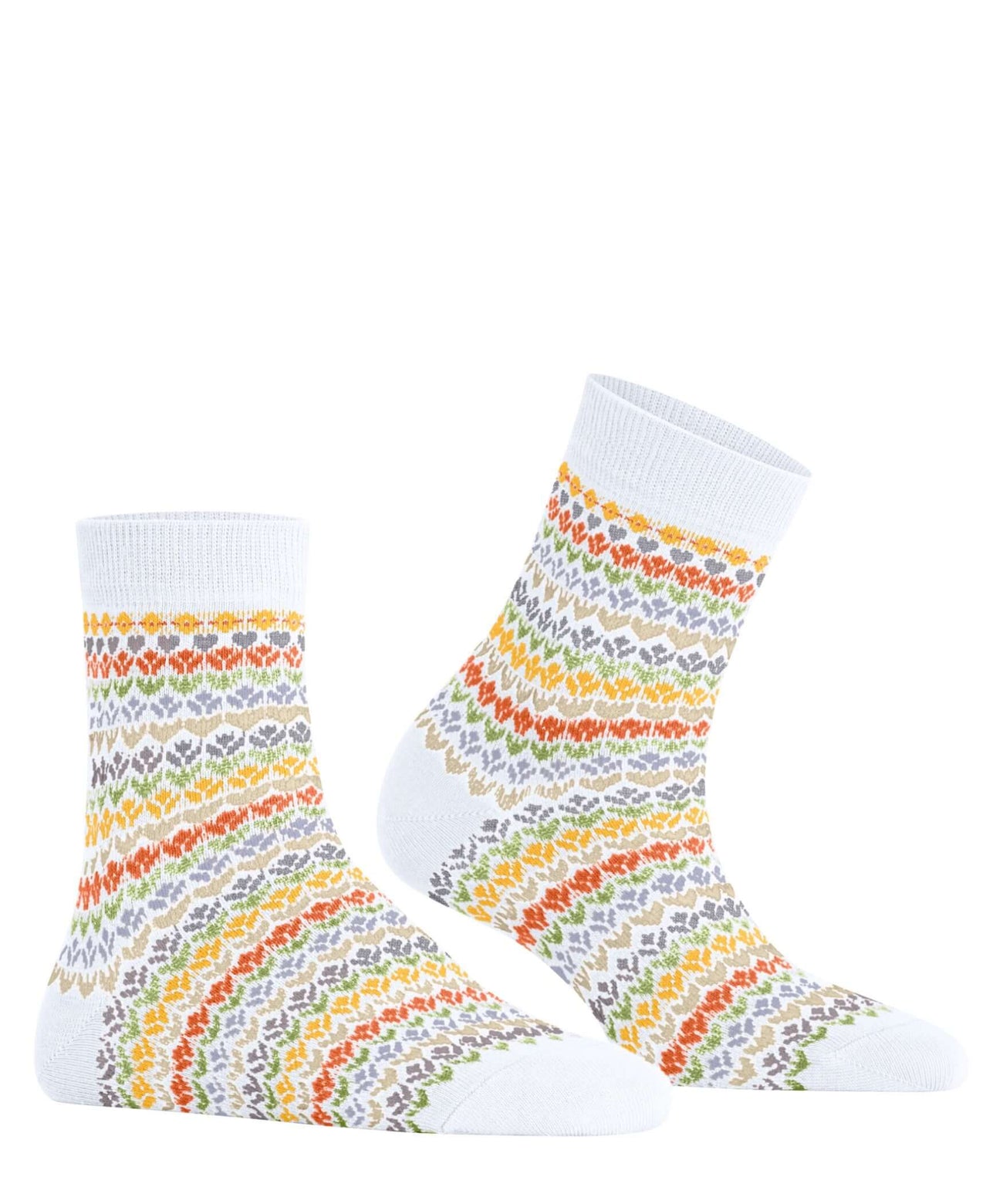 Witte Burlington damessokken met kleurrijk fair isle patroon en originele clip, gemaakt van 70% katoen voor comfortabele zomerstijl.