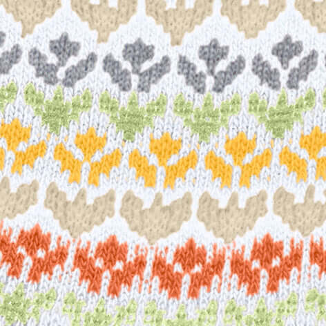 Detail van fair isle patroon op Burlington korte sokken, zomerse damessokken met bloemetjes, katoenmix, in kleuren beige, grijs, groen, geel en oranje.