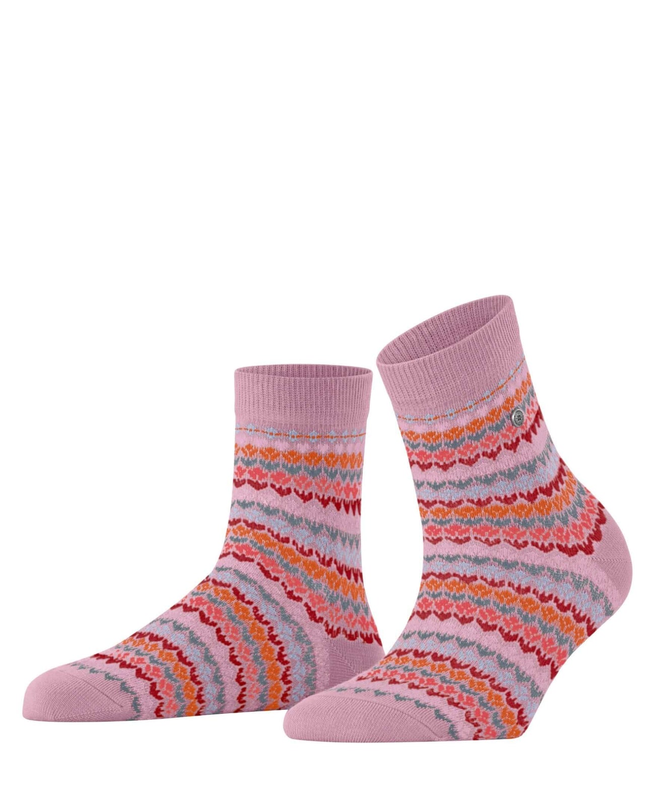 Roze Burlington damessokken met zomer fair isle patroon, katoenmix, originele clip. Ideaal voor een kleurrijke en comfortabele look.