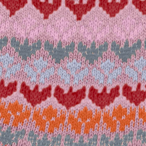 Close-up van fair isle patroon in roze en oranje op Burlington sokken, 70% katoen. Damesmode met originele Burlingtonclip.