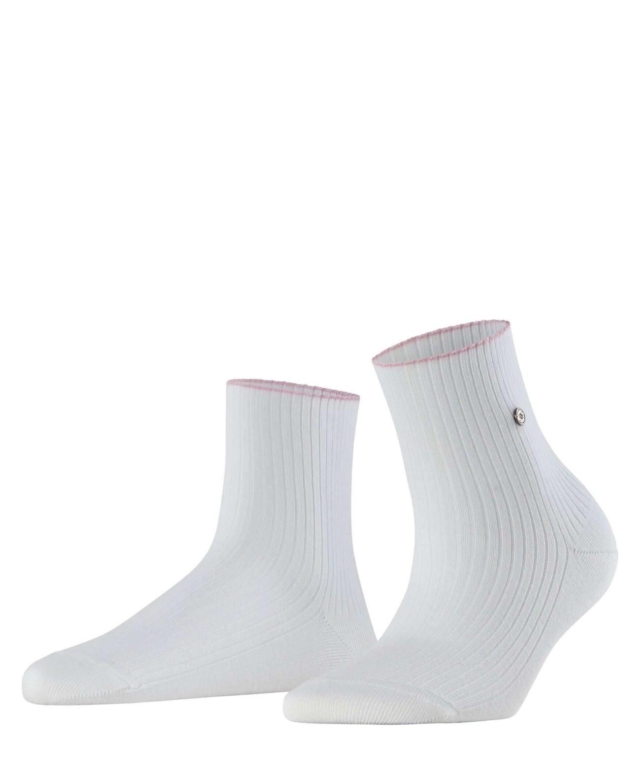 Burlington Lakeside Korte sokken Dames 27116 2000 white met smalle ribstructuur en roze randje.