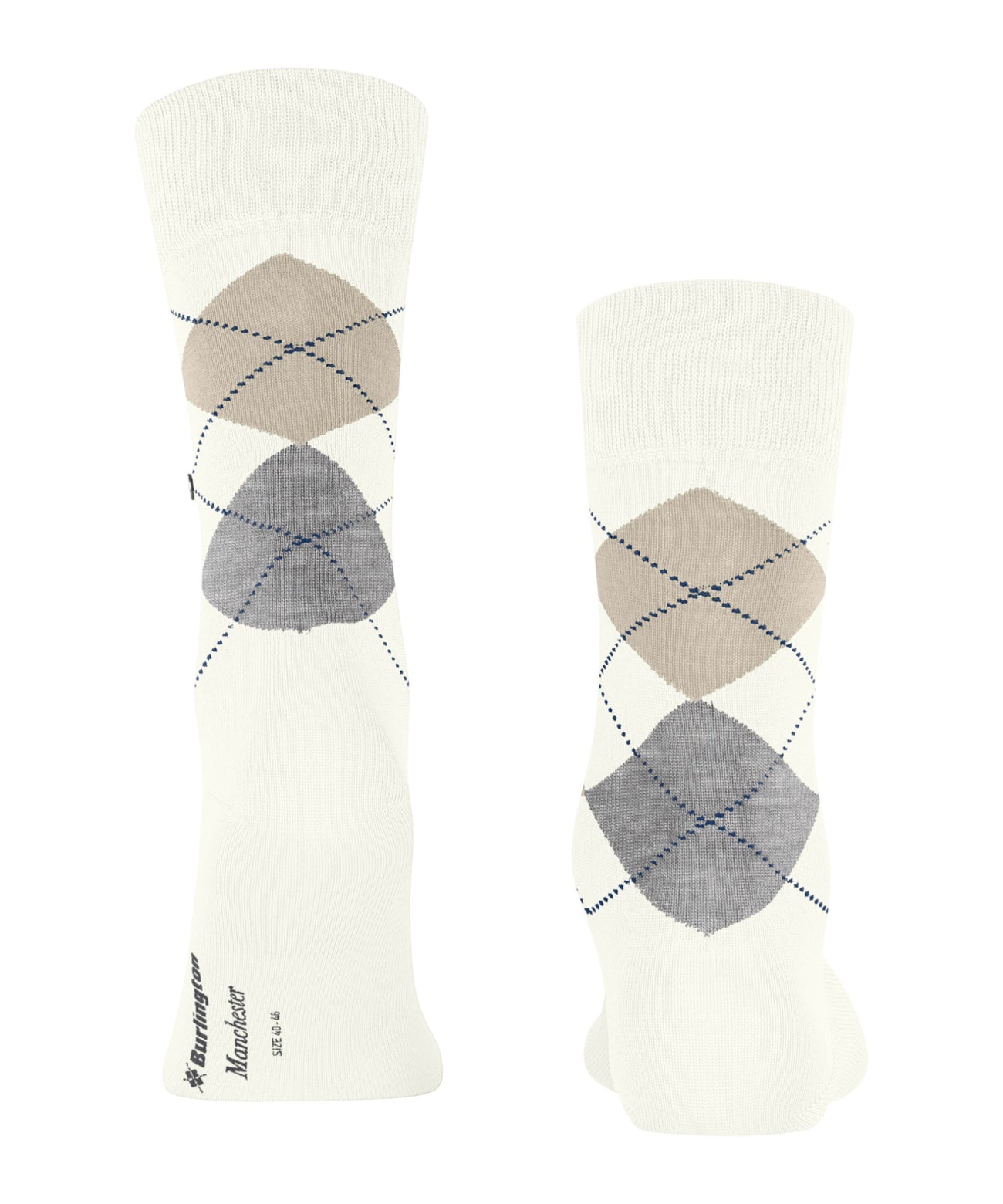 Burlington Manchester Sokken Heren 21088 2049 off-white, klassieke ruitsokken in lichte kleuren van gemerceriseerd katoen.
