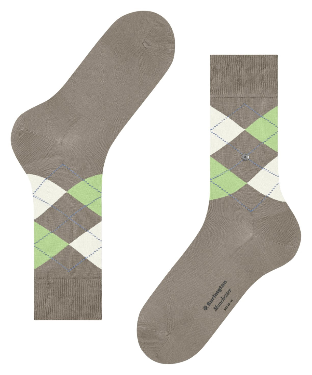 Burlington Manchester Sokken Heren 21088 4186 greige in een klassieke ruitpatroon met groene accenten.