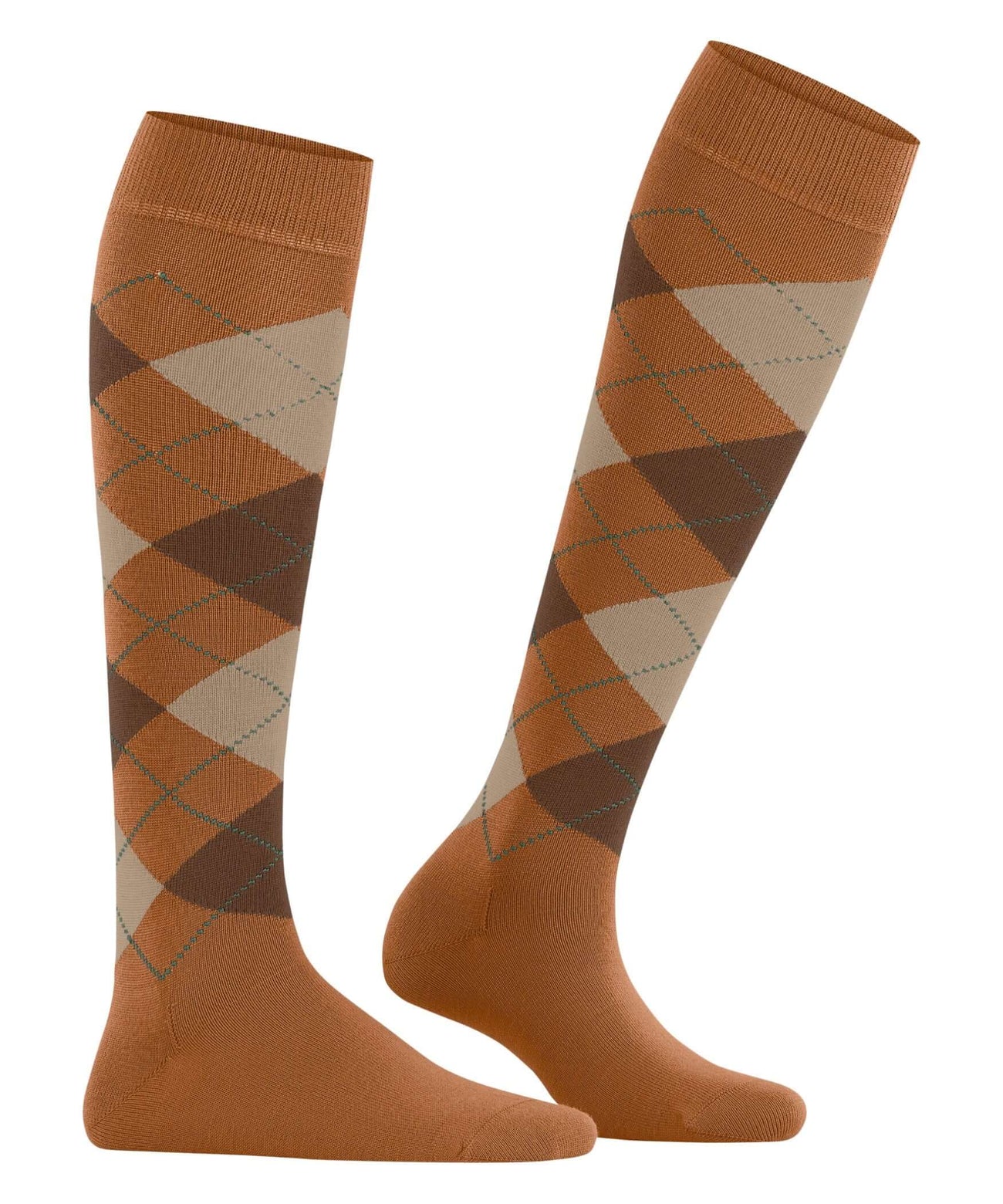 Klassieke dames kniekousen in caramel met ruitpatroon en Burlington-clip, gemaakt van merinowol voor comfort.