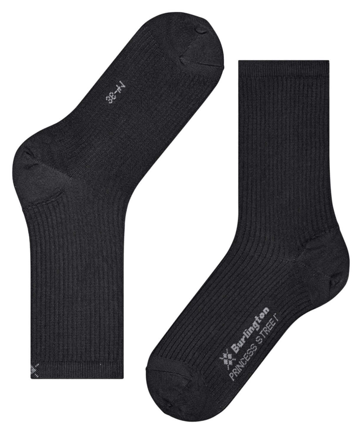 Burlington Princess Street Sokken Dames 22135 3000 black, fijne glanzende sokjes met ribstructuur in zwart.