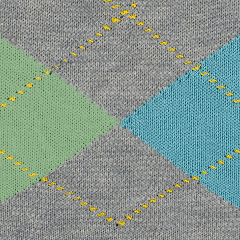 Burlington Queen Sokken Dames 22004 3228 cloud mel. Ruitpatroon in grijs, groen en blauw met gele stiksels.