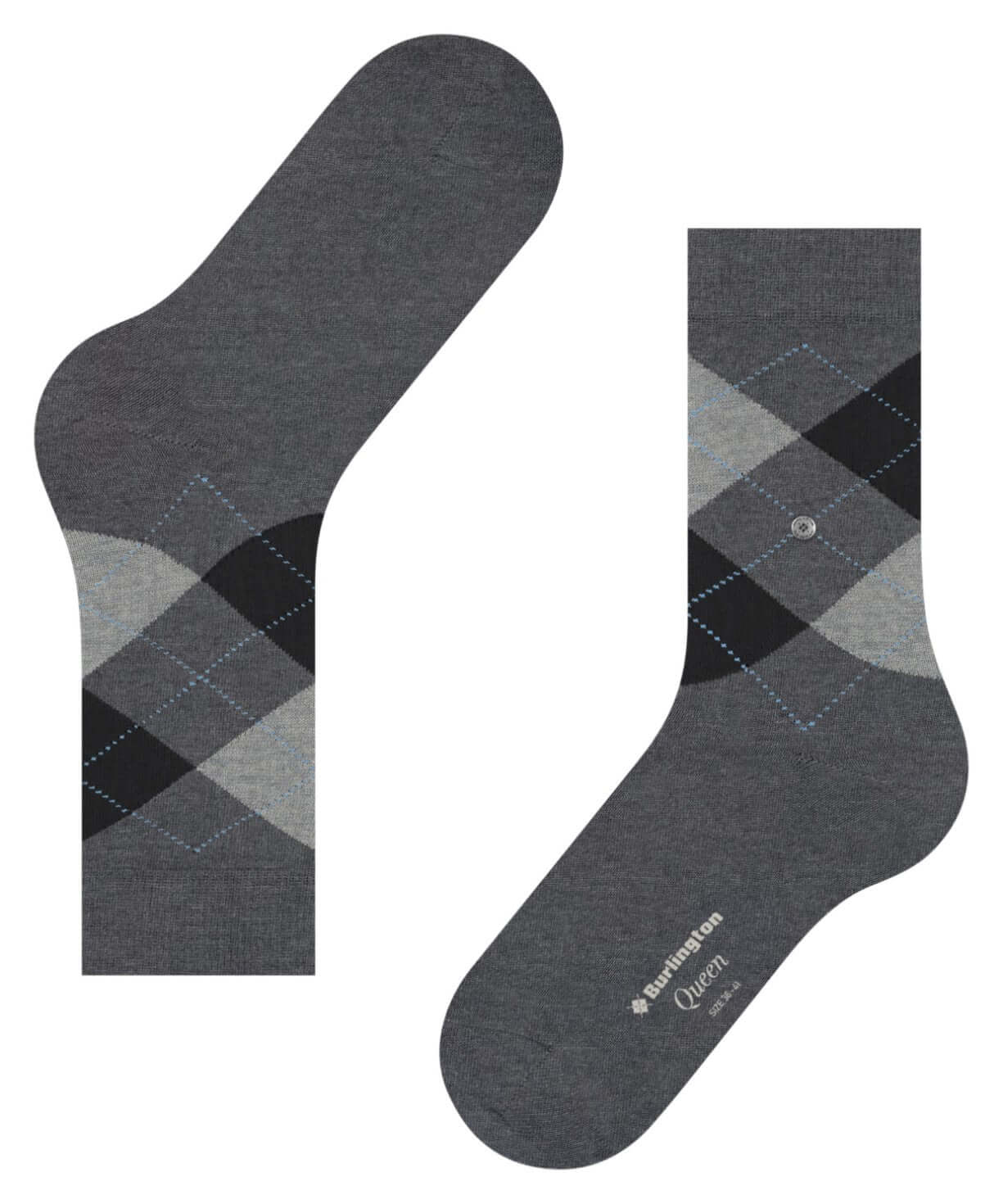 Burlington Queen Sokken Dames 22004 3974 grey melange met ruitpatroon in grijs en zwart.