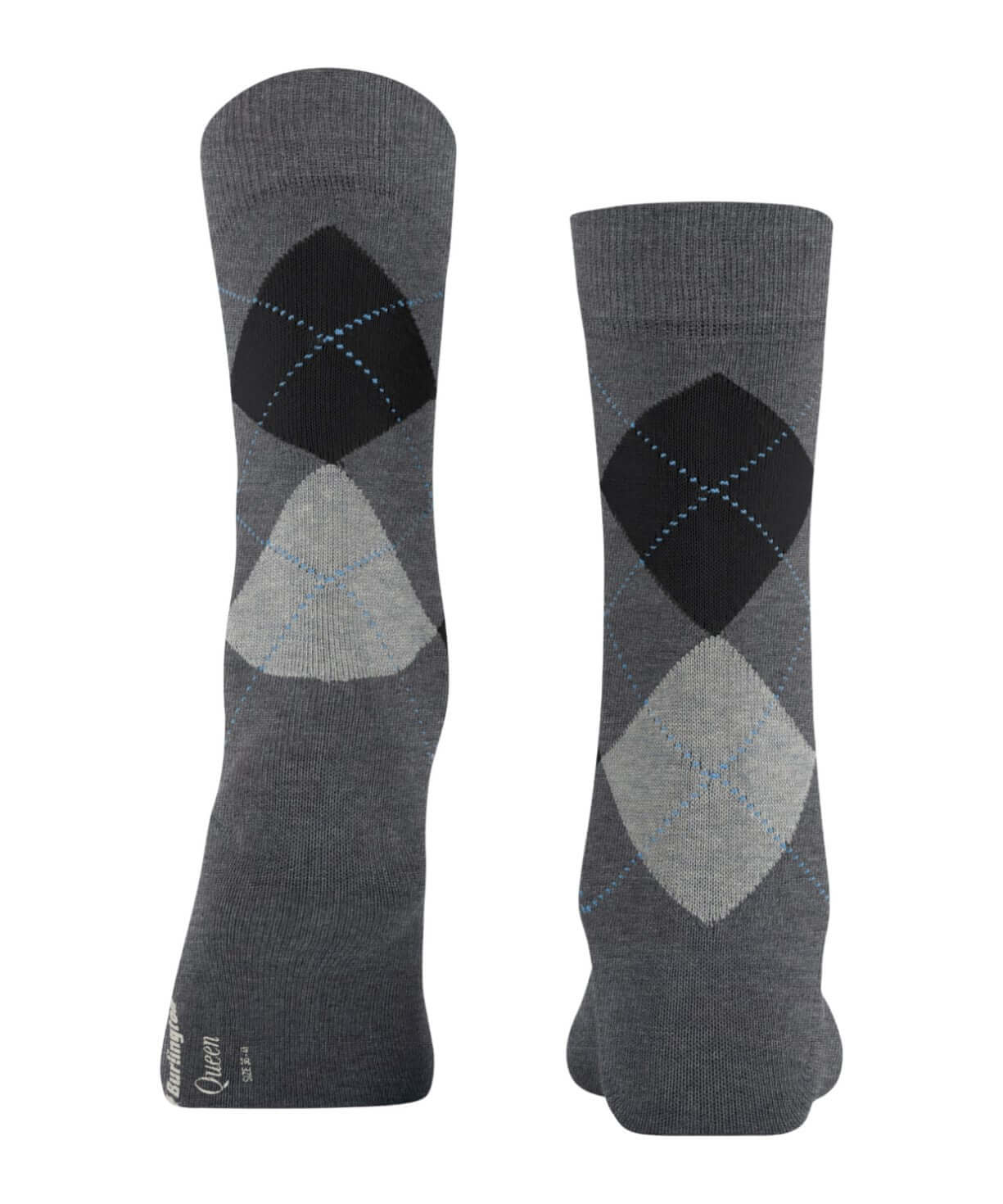 Burlington Queen Sokken Dames 22004 3974 grey melange, klassieke ruitsokken in grijs met blauw en zwart patroon.