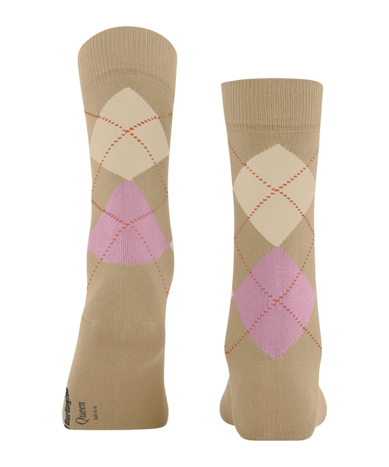 Burlington Queen Dames Sokken met ruitpatroon in beige en roze, biologische katoen, gerecycled polyamide, maat onesize.