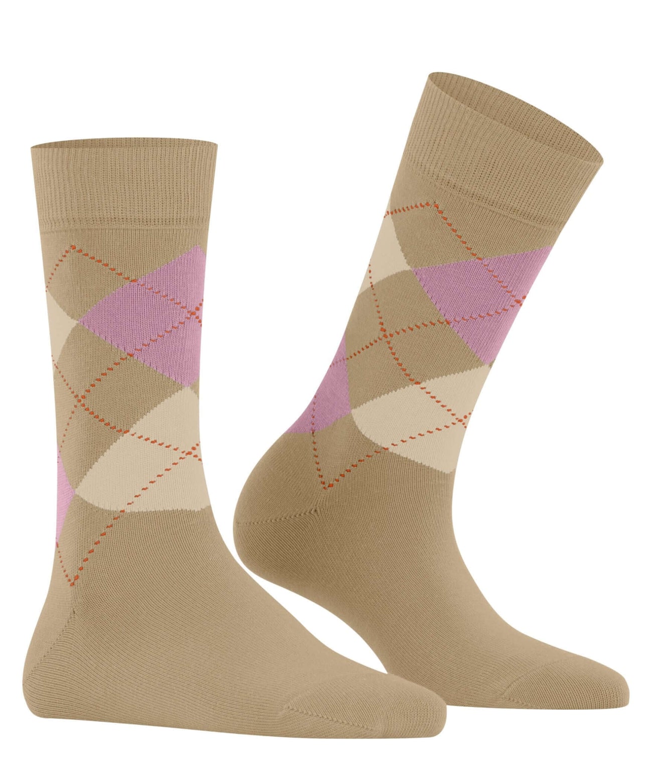 Klassieke ruitsokken voor dames in beige, roze en wit, gemaakt van biologische katoen en gerecyclede polyamide. Burlington Queen collectie.