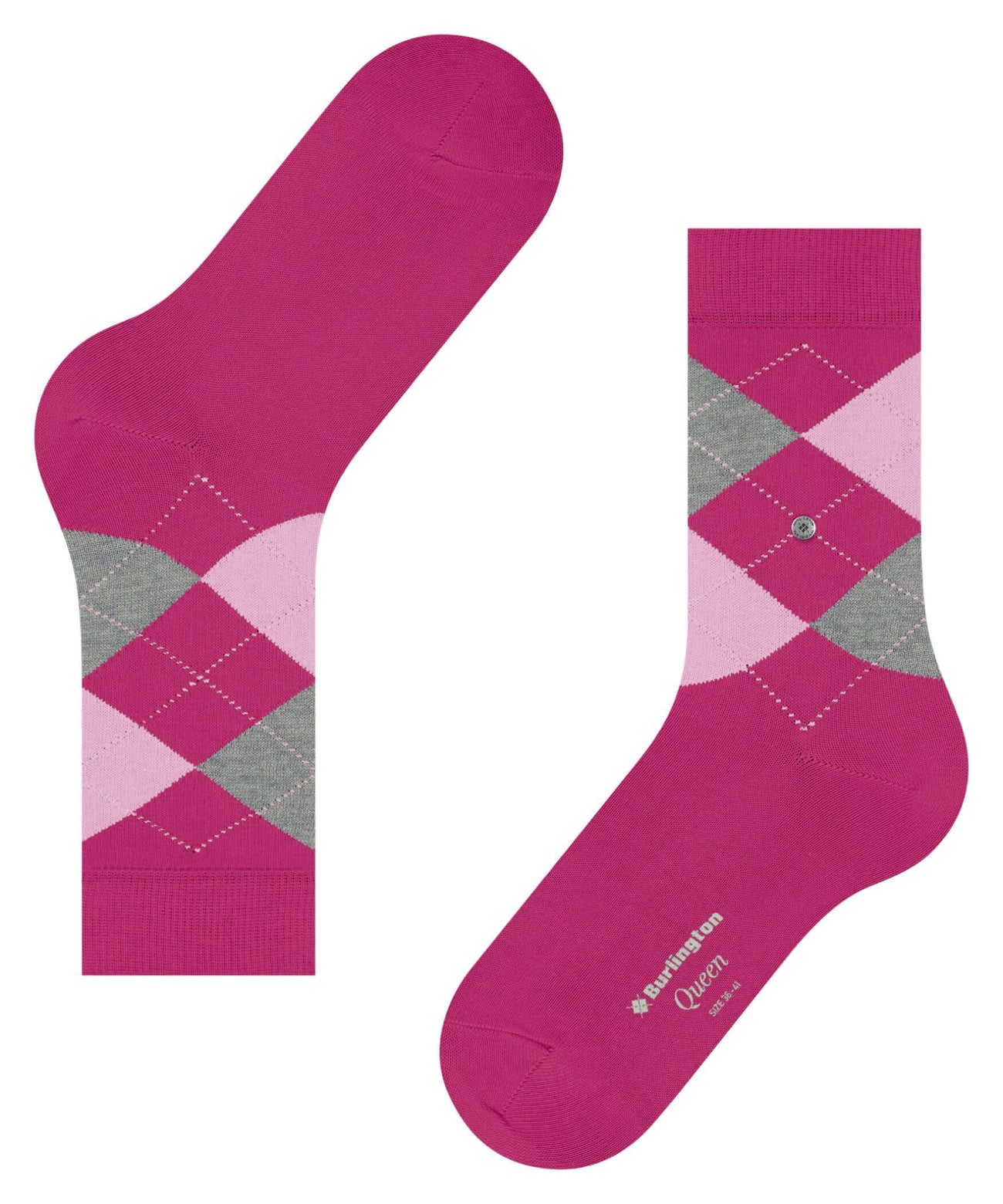 Burlington Queen Sokken Dames 22004 8764 aubergine met ruitpatroon in roze en grijs.