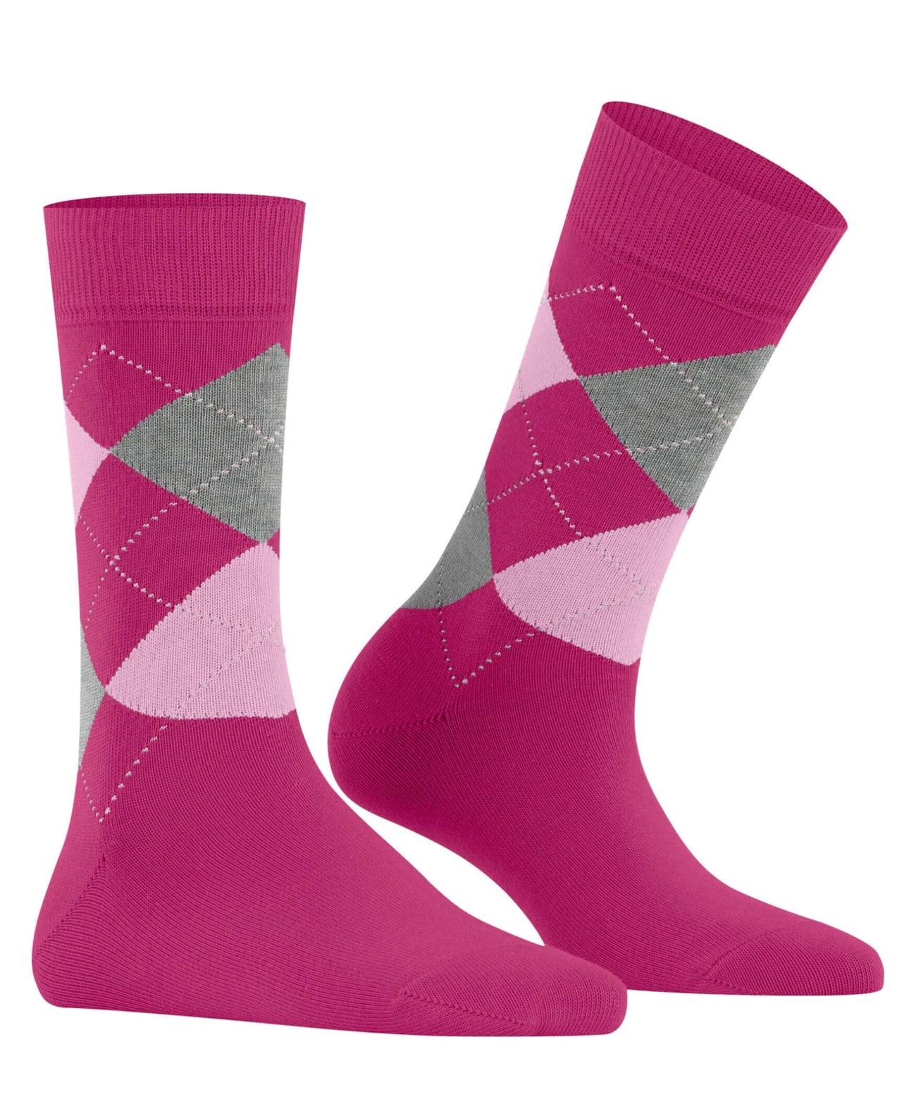 Burlington Queen Sokken Dames 22004 8764 aubergine met ruitpatroon in roze en grijs.