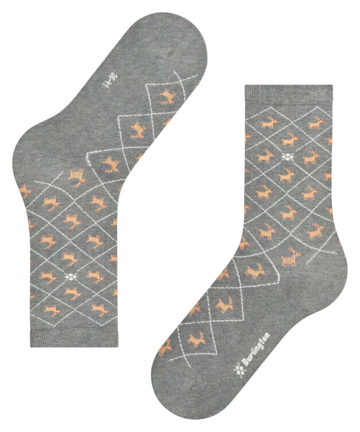Burlington Reindeer Sokken Dames 27193 3400 light grey met rendierpatroon in ruitdesign.