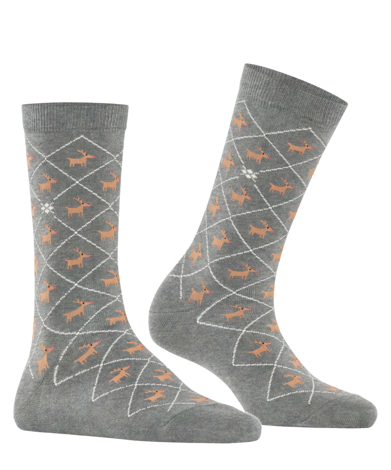 Burlington Reindeer Sokken Dames 27193 3400 light grey met rendierpatroon en ruitdesign.