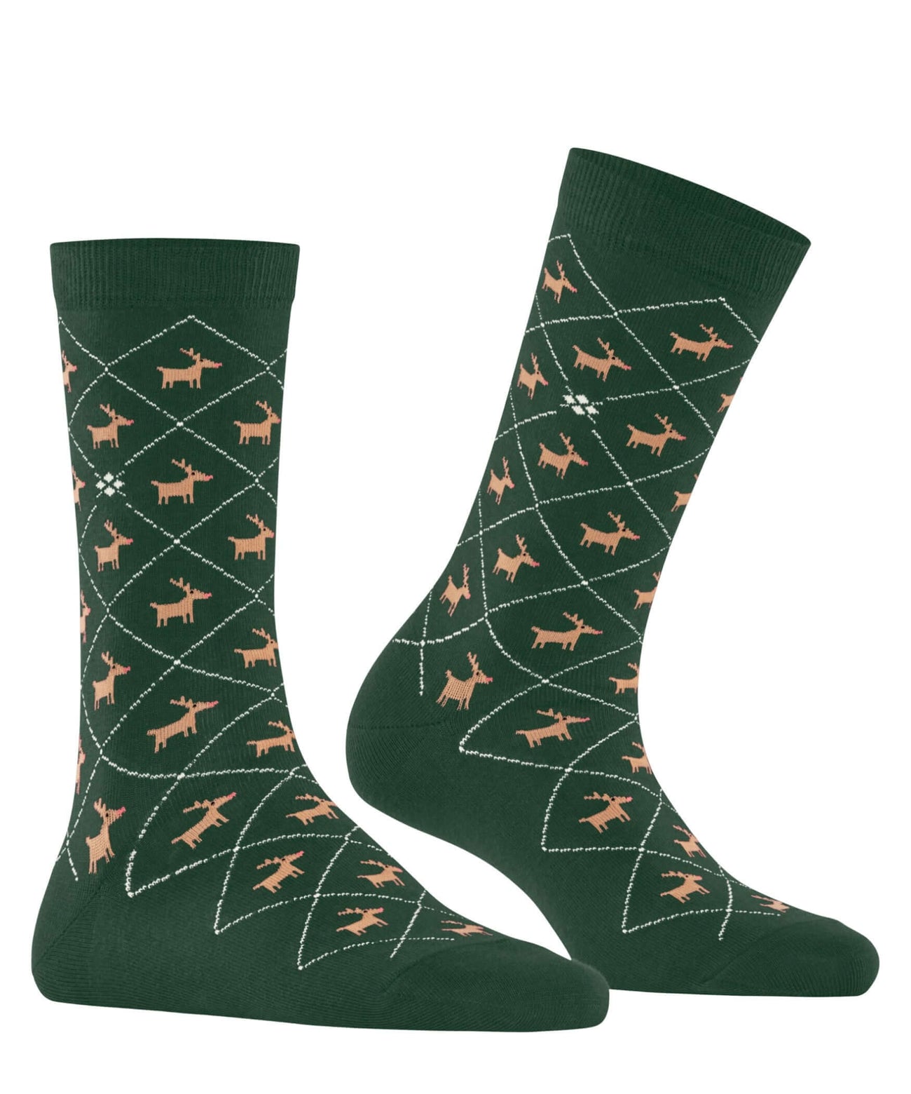 Burlington Reindeer Sokken Dames 27193 7502 eucalyptus met ruitpatroon en rendieren, ideale kerstlook sokjes.