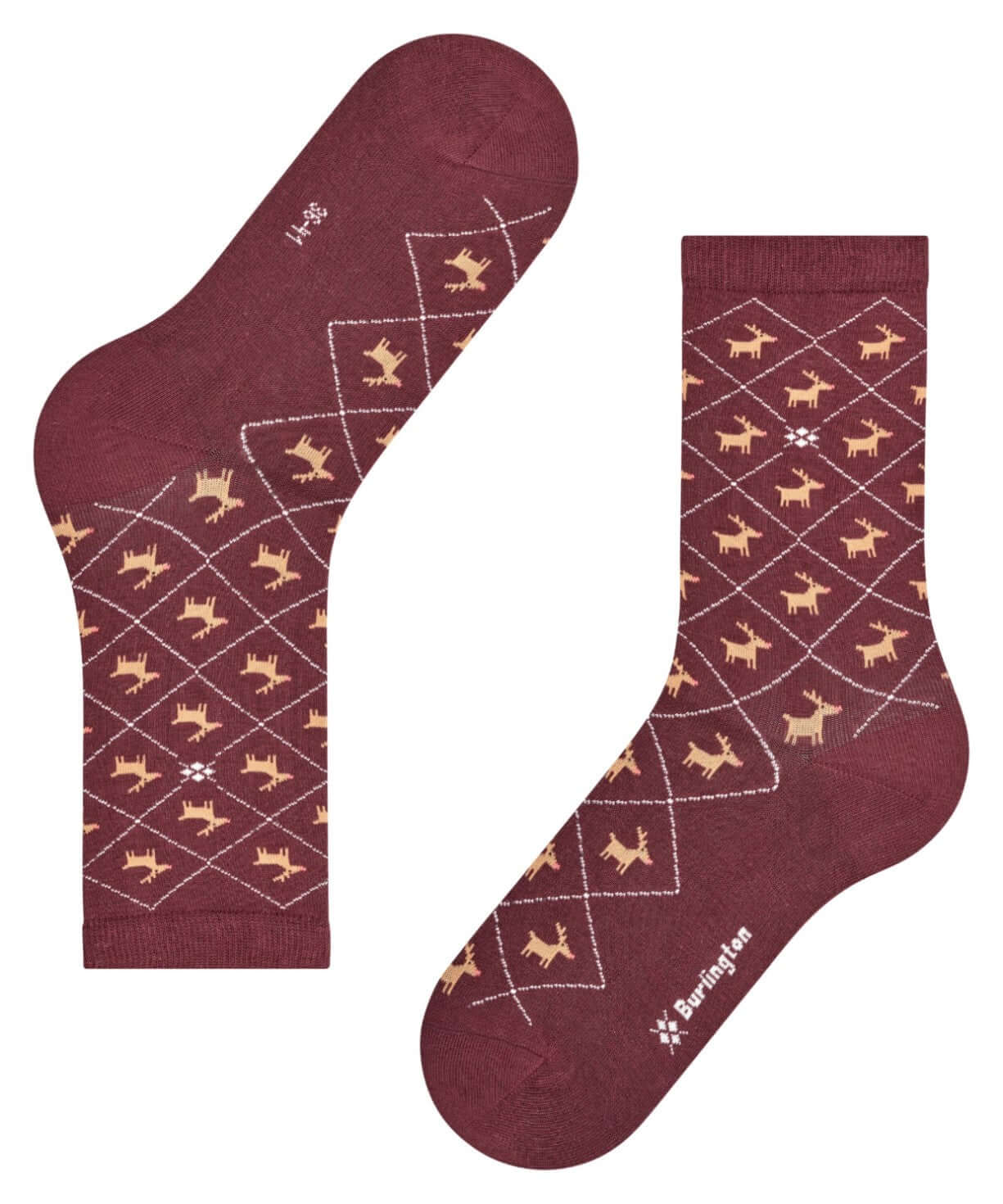 Burlington Reindeer Sokken Dames 27193 8526 barolo met rendierpatroon en ruitdesign in wijnrode kleur.