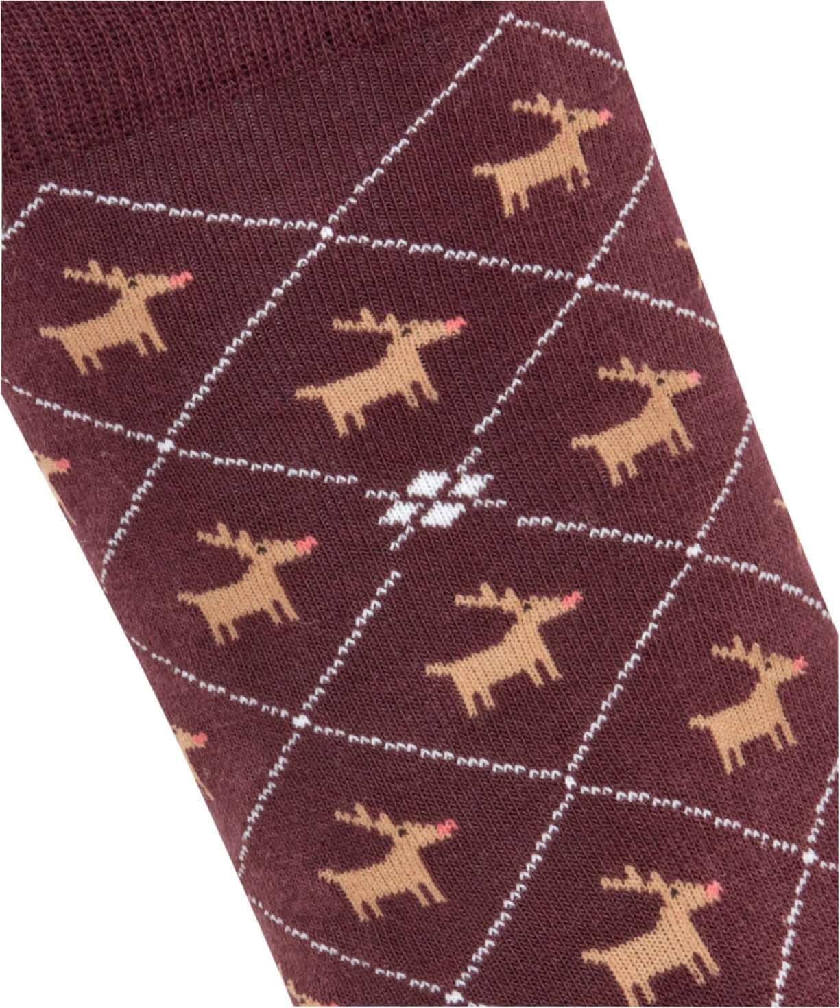 Burlington Reindeer Sokken Dames 27193 8526 barolo met ruitpatroon en Rudolf het rendier op een wijnrode achtergrond.