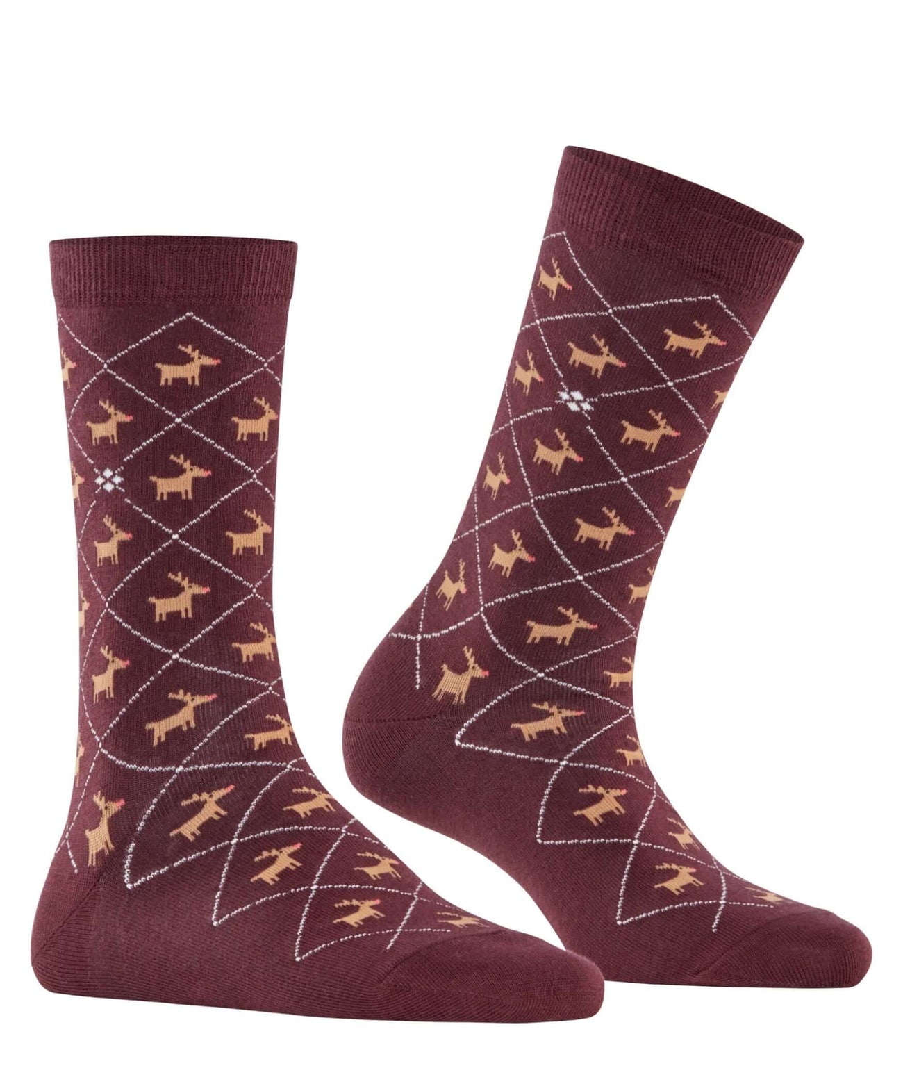 Burlington Reindeer Sokken Dames 27193 8526 barolo met rendier en ruitpatroon in bordeaux kleur.