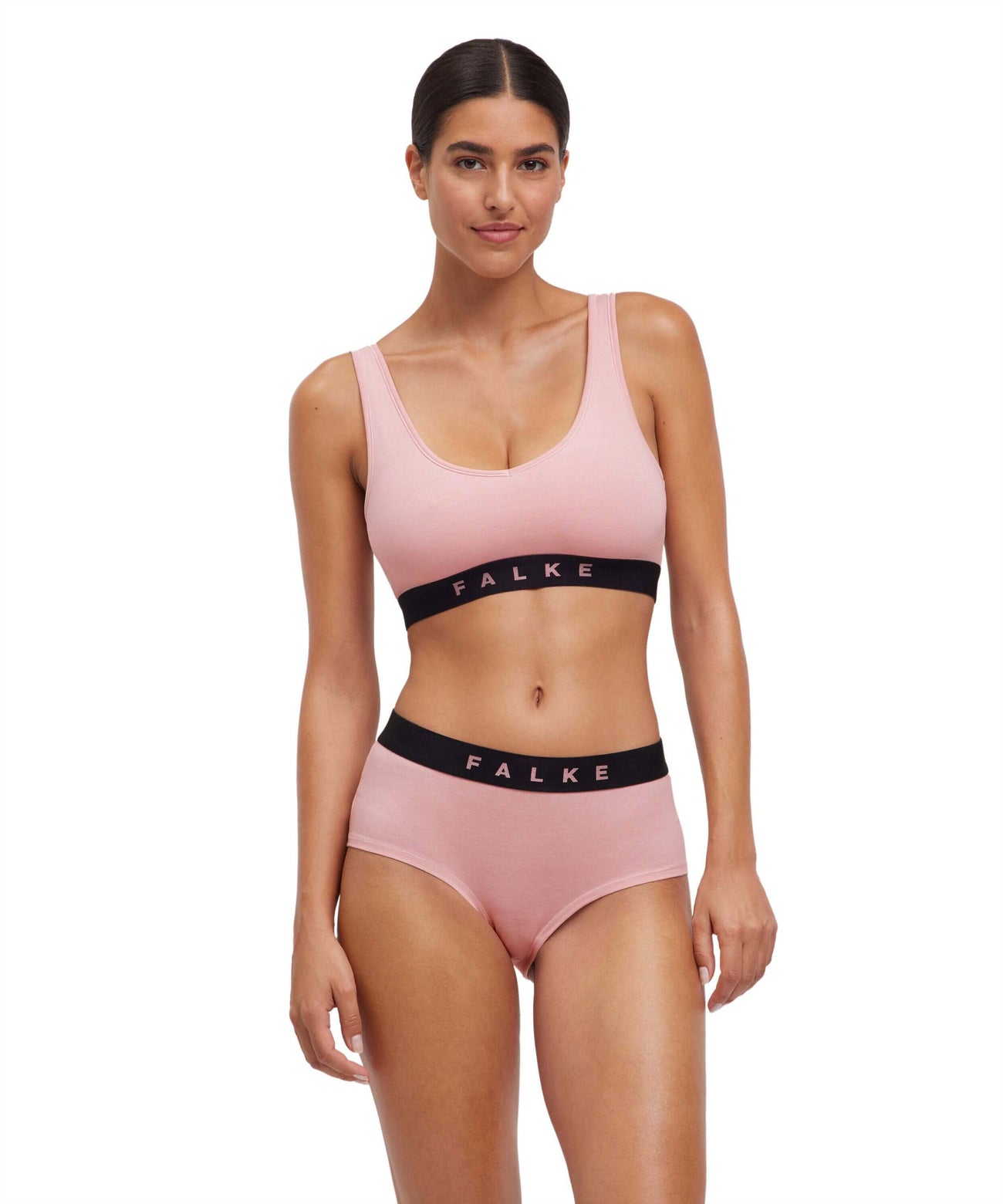 Model wearing FALKE 2-Pack Bustier Daily Comfort in pink, showcasing stylish and comfortable lingerie.