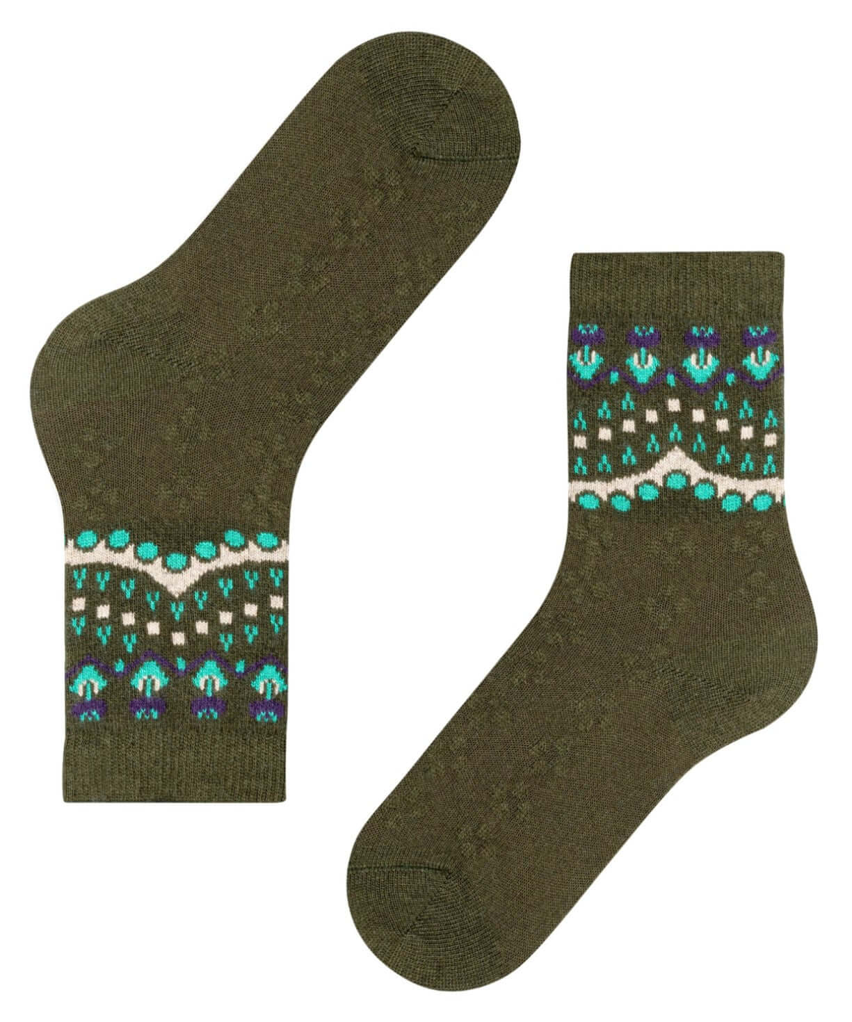 FALKE Cosy Wool Special Edition Sokken Dames 47181 7436 artichoke in olijfgroen met Noors patroon.