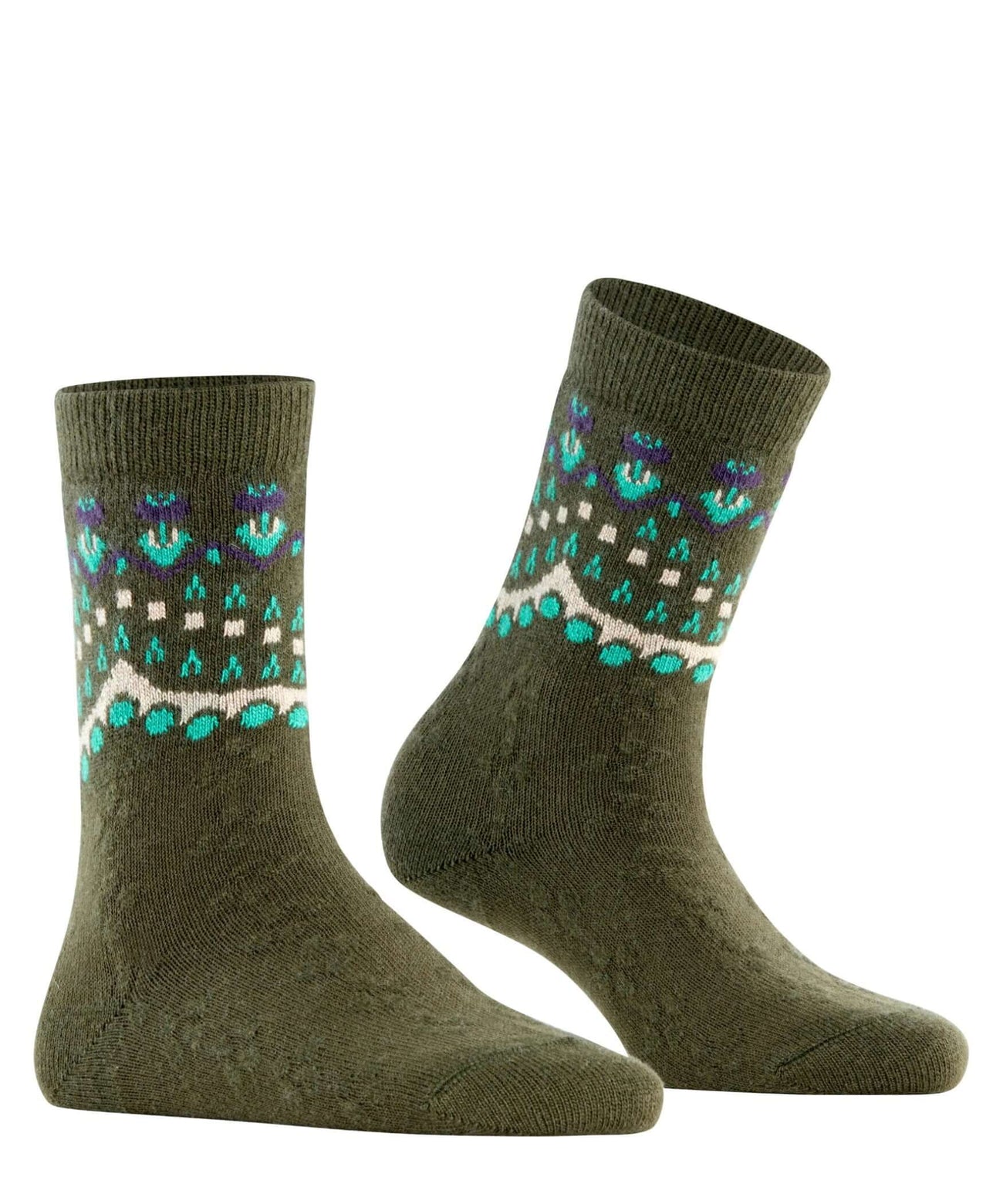 FALKE Cosy Wool Special Edition Sokken Dames 47181 7436 artichoke met Noors patroon in olijfgroen.