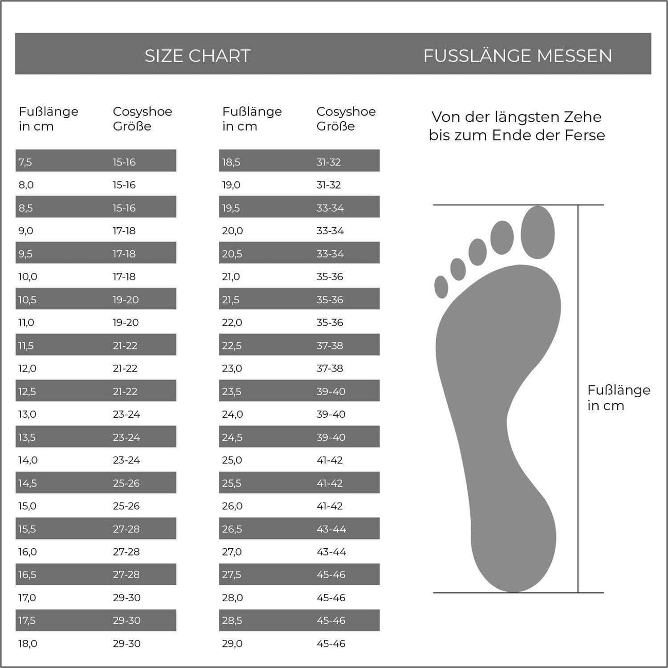 Maatchart voor FALKE Cosyshoe sloffen met voetlengte en maatcombinaties in centimeters.