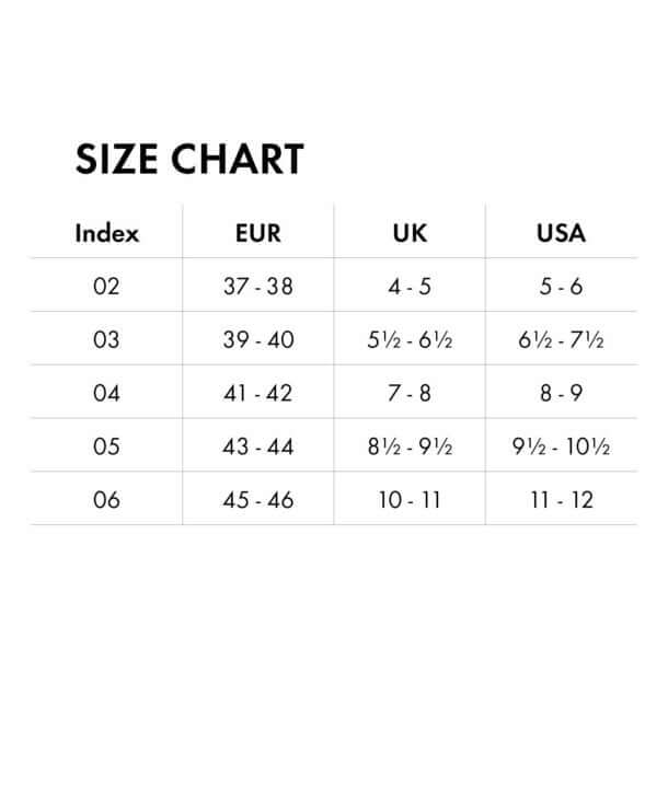 Maattabel voor schoenen met index, EUR, UK en USA maten.