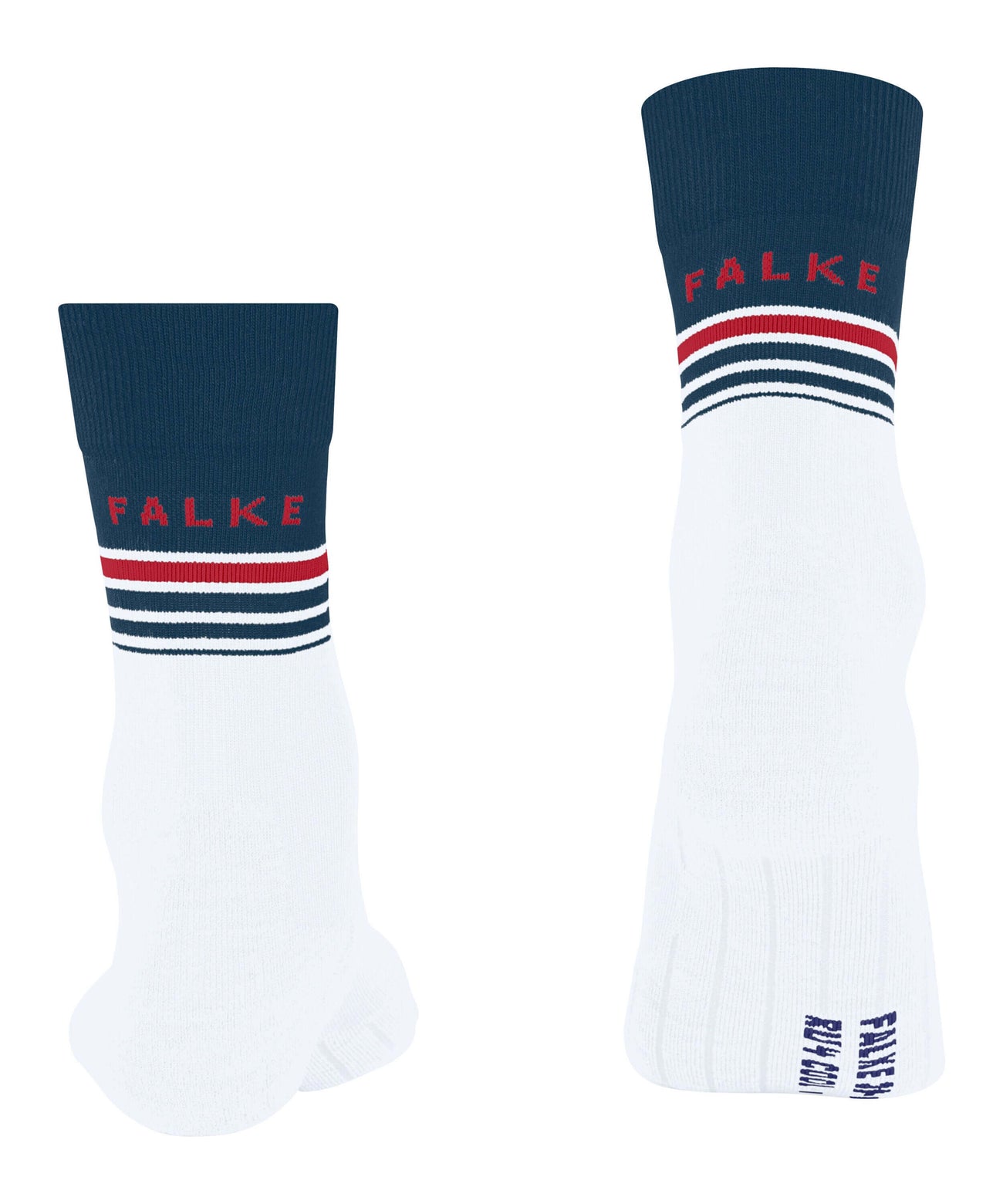 FALKE Hardloopsok Endurance RU4 Cool Heren in wit met blauwe en rode strepen, ideale sokken voor hardlopers.