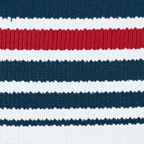 Close-up van de gestreepte stof van de FALKE Hardloopsok Endurance RU4 Cool in wit, blauw en rood.