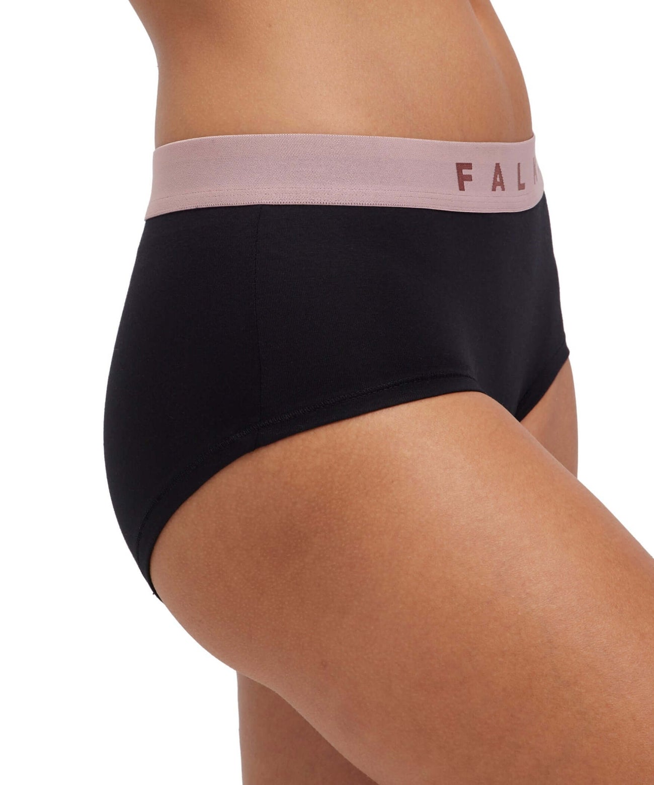 Zijaanzicht van FALKE Hipster in zwart met roze tailleband, ideaal voor dagelijks comfort en perfecte pasvorm.